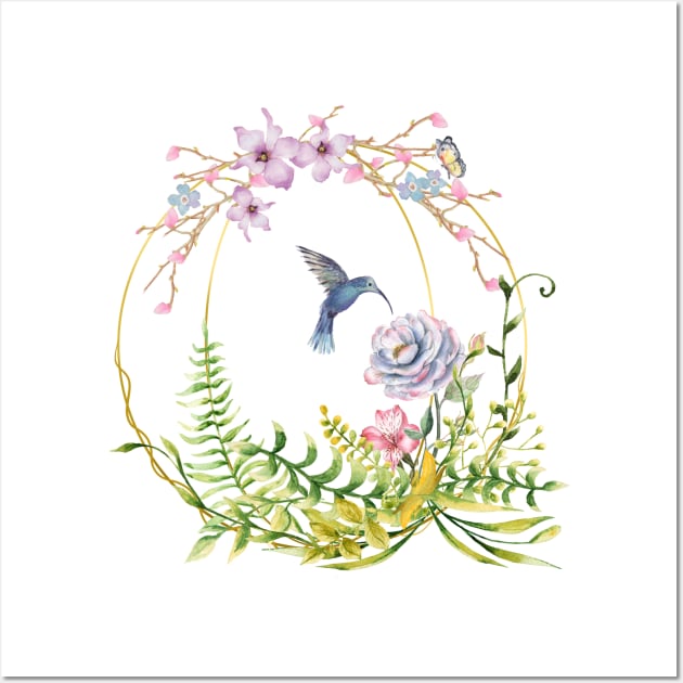 Glittering Golden Floral Hummingbird Terrarium Wall Art by LittleBunnySunshine